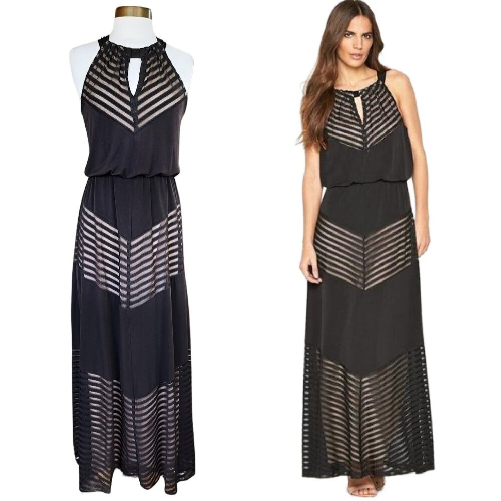 London Times Chevron Halter Maxi Dress Size 4 Black Stretch Jersey